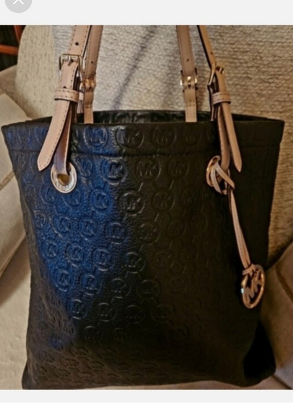 MICHAEL Michael Kors Jet Black Tall  Embossed Leather Tote with Cream Straps